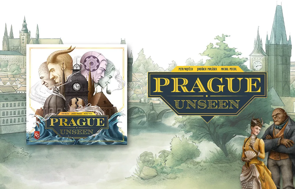 Caja de Prague Unseen junto al logotipo del juego y una ilustración de la ciudad de Praga