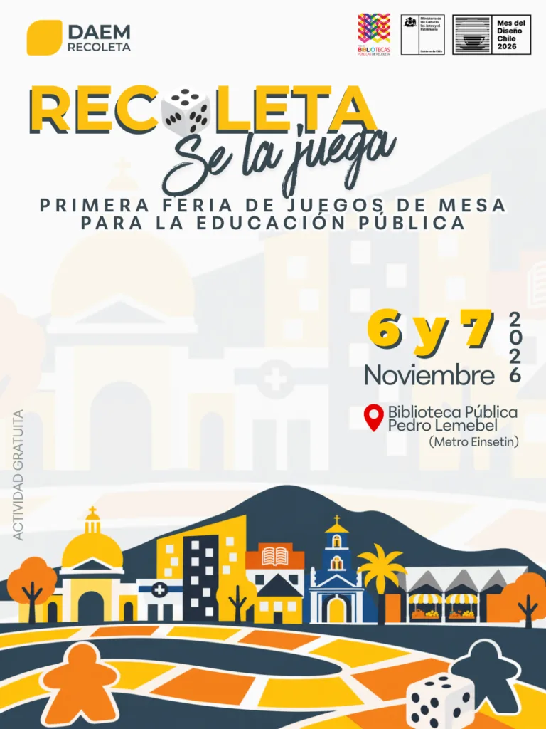 Afiche de Recoleta se la Juega, feria gratuita de juegos de mesa para la educación pública, el 6 y 7 de noviembre de 2026 en la Biblioteca Pública Pedro Lemebel