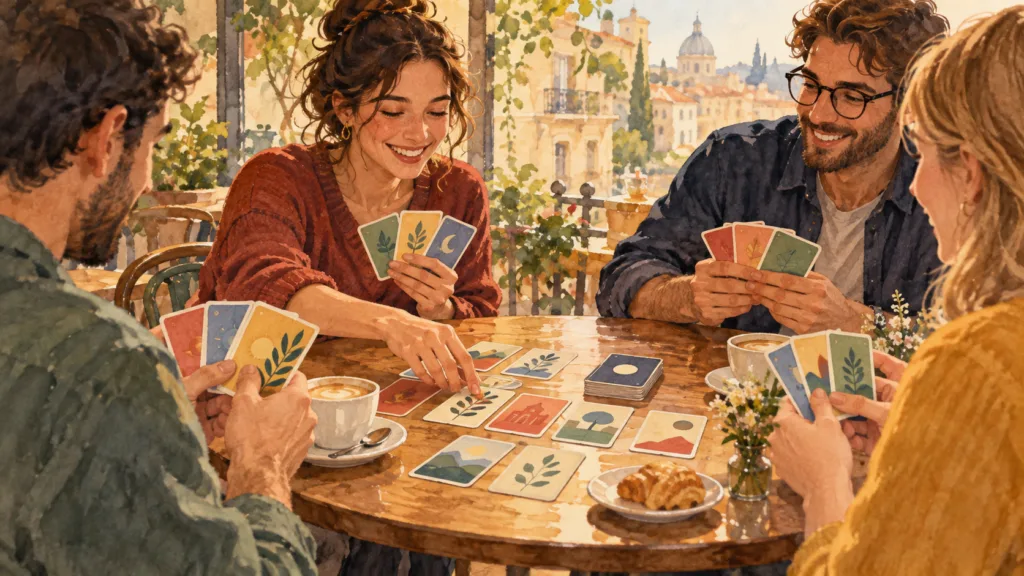 Ilustración conceptual de personas jugando cartas junto a tazas de café; no representa una actividad real de Game Store Day.